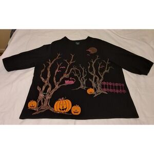 Liz & Me Womens Black Halloween T Shirt Top Pumpkins Cat  2x 23/24W Plus